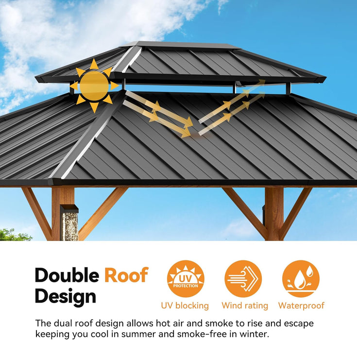 Modern Shade the Horizon Hard Top Gazebo 10' X 12' with 4 LED Lights, Permanent Hardtop Gazebo with Galvanized Steel Double Roof, Metal Gazebo with Decor Hooks, Mosquito Nettings for Patio, Wood Grain