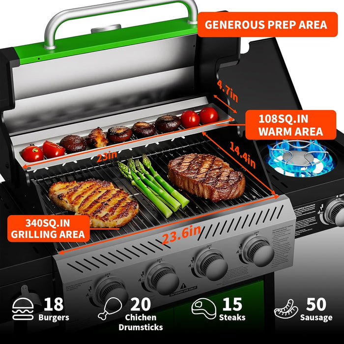 4-Burner Propane Gas BBQ Grill with Side Burner, 50,000 BTU Output Barbecue Grill with Stainless Steel Grates and Side Tables for Outdoor Cooking Kitchen, Patio and Backyard, Green