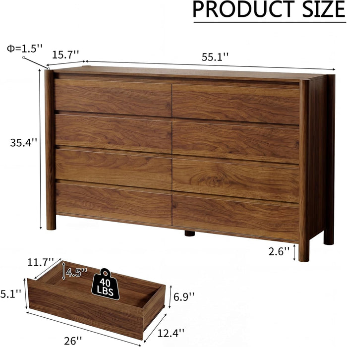 55" Wide 8-Drawer Dresser, Mid-Century Modern Chest with Solid Wood Legs, Concealed Handle,Large Wood Storage Organizer, Bedroom Storage,Walnut