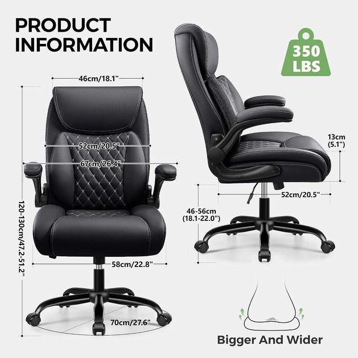 Office Chair, Ergonomic Executive Desk Chair with Lumbar Support for Lower Back Pain Relief, Padded Flip-Up Armrests, Leather Home Office Chair, Black