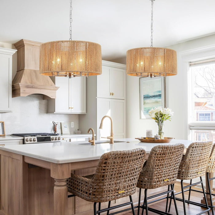 Rattan Chandelier Brushed Nickel Five Light Pendant
