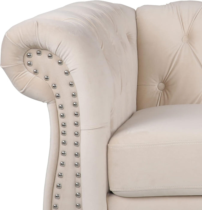 2 Piece Living Room Set, Chesterfield Velvet Sofa Loveseat Couch Chair with Scroll Arms and Nailhead for Living Room, Office (Beige, 1-2)