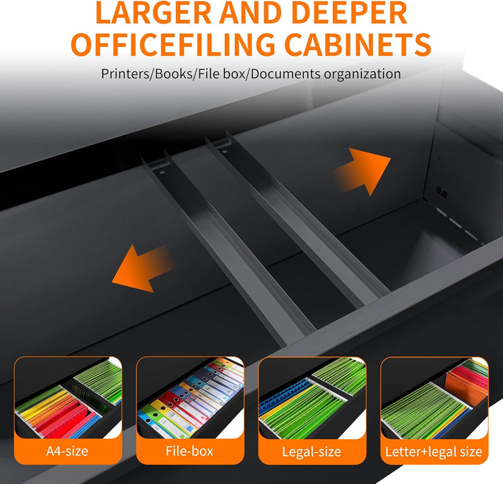 File Cabinets 4 Drawer,Metal Office Storage Filing Cabinet with Lock,Black Lateral Filing Cabinet for Home Office,Horizontal Locking File Cabinet for Legal/Letter/A4,Assembly Require,Black