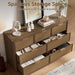 Rattan 7 Drawer Dresser for Bedroom, 55" Wide Curved Dressers & Chests of Drawers with 7 Deep Drawers, Large Boho Wooden Dresser W/Gold Metal Handles for Bedroom Living Room, Walnut