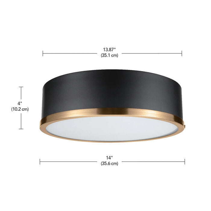 Irving Park 2-Light Flush Mount, Matte Black Finish, Burnished Brass Accents, Frosted Glass Shade, LED Bulbs Included