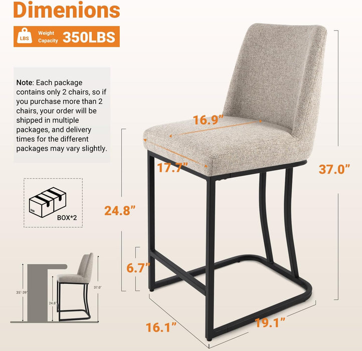 Counter Height Bar Stools Set of 2, 24 Inch Seat Height Bar Chairs for Kitchen Island, Linen Fabric Upholstered Barstools with Metal Feet for Dining Room, Sand Color