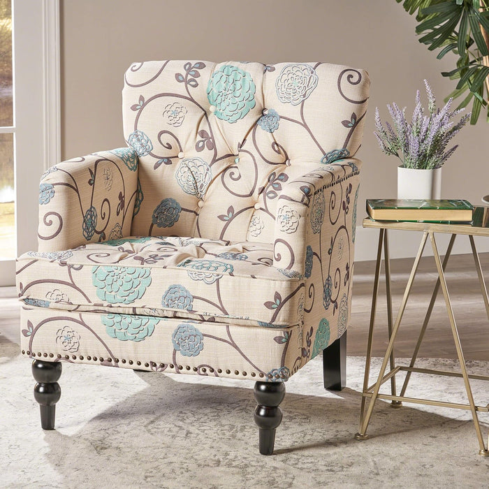 Harrison Fabric Tufted Club Chair, White / Blue (29.5"D X 28"W X 33.5"H)
