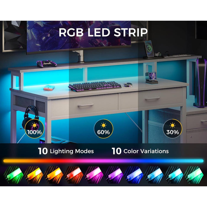 White Reversible Desk with LED Lights & Drawers