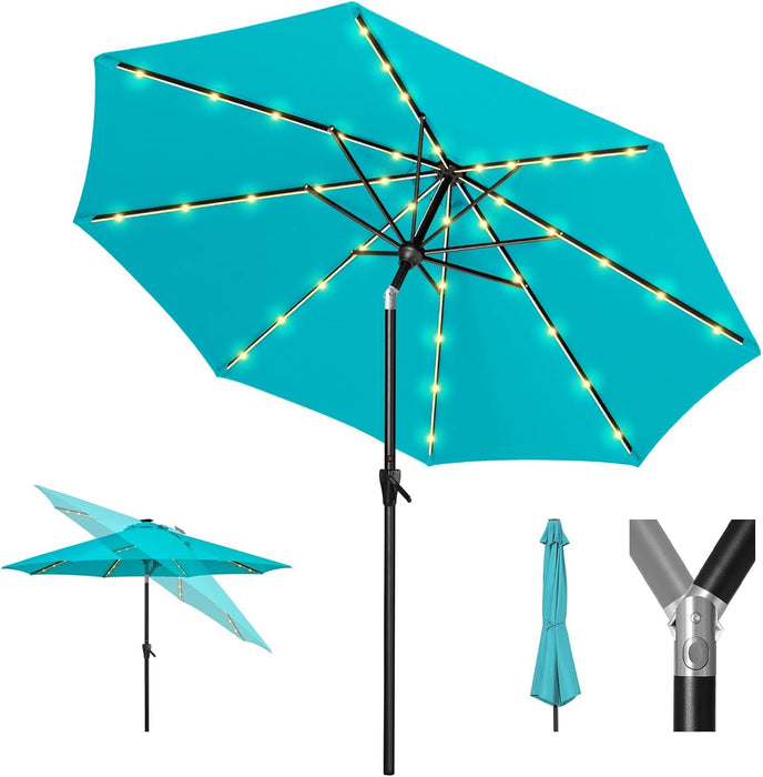 Solar Patio Umbrella 40 LED Lighted Outdoor Umbrella Table Market Umbrella with Push Button Tilt and Crank, Solar Umbrella with Sturdy Pole&Fade Resistant Canopy, Easy to Set