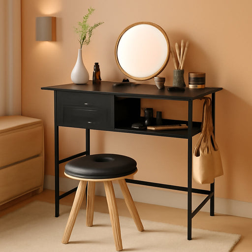 Vanity Desk without Mirror, Small Makeup Vanity Table with Fabric Drawers and Power Outlet, Compact Makeup Desk for Girls Bedroom and Small Space, Black