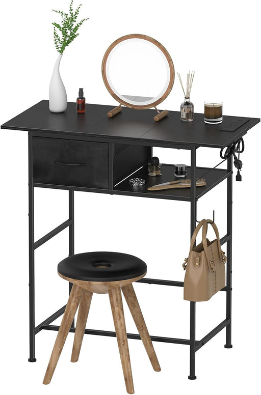 Vanity Desk without Mirror, Small Makeup Vanity Table with Fabric Drawers and Power Outlet, Compact Makeup Desk for Girls Bedroom and Small Space, Black