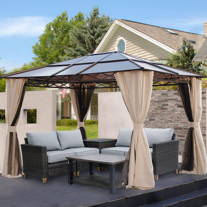 10X12 Gazebo, Hardtop Gazebo, Single Roof Pergolas Metal Aluminum Frame UV 50+ Outdoor Canopy with Mosquito Netting and Curtains, Outdoor Shelter for Garden, Lawn, Backyard