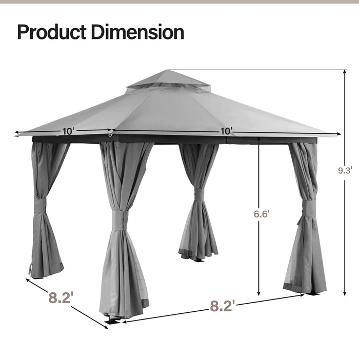 10'X10' Patio Gazebo, Double Roof Outdoor Shelter Tent with Mosquito Nettings and Privacy Screens, Gray