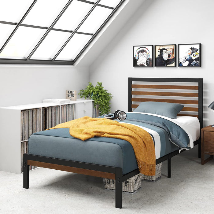 Kai Bamboo and Metal Platform Bed Frame, Sturdy Steel Frame, Twin