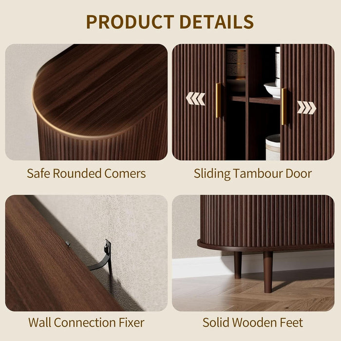 63" Sideboard Buffet Cabinet with Storage,Mid Century Modern Fluted Accent Coffee Bar Console Table,Tambour Sliding Doors& Adjustable Shelf for Kitchen, Living Room, Entryway，Walnut