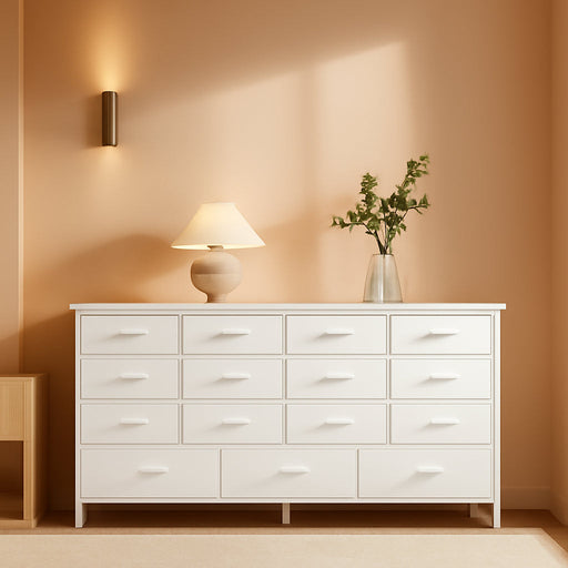 63.3 Inch Long Bedroom Dressers with Drawers Large Cabinet with Power Outlets Bedroom TV Stand with Storage, Fabric Dresser for Girl Bedroom with 16 Drawers, White