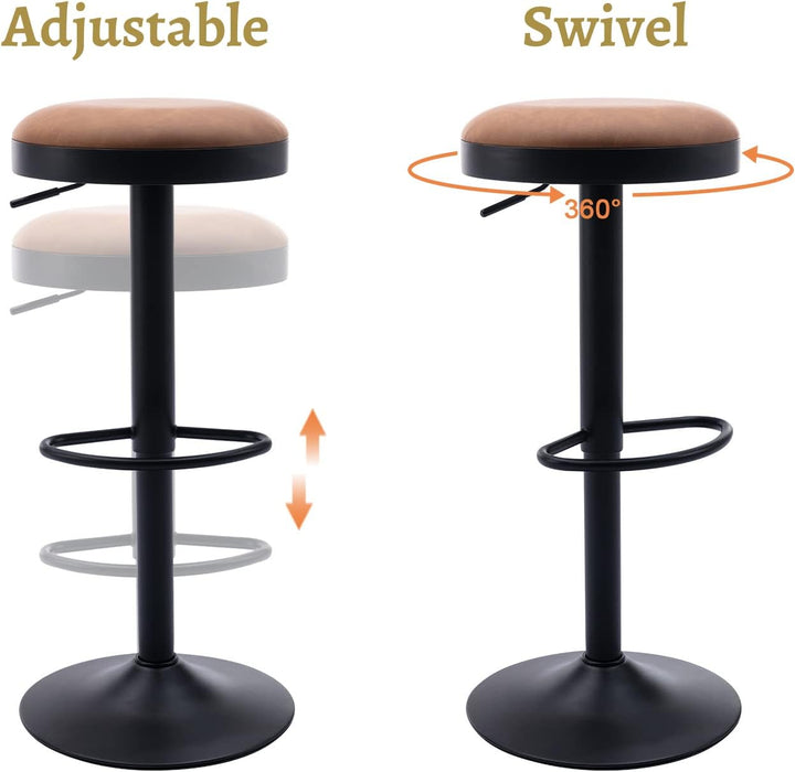 Modern Swivel Bar Stools Set of 2 Adjustable Counter Height Backless Barstools with Metal Base Leather Upholstered round Bar Stool Chairs for Kitchen Island/Pub/Breakfast Bar, Brown