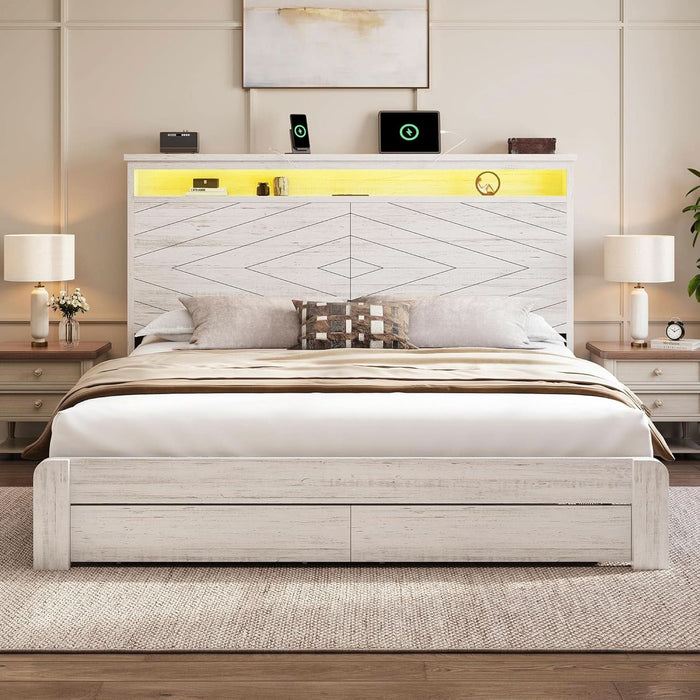Queen Size Bed Frame with 2 Storage Drawers and Headboard Wooden Platform Bed Frame with LED Lights and Charging Station Easy Assembly/No Box Spring Needed/White