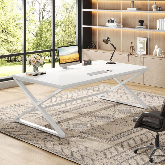 Long White Computer Desk, Modern Simple Large Home Office Desk, Wood Metal Work Study Writing Table for 2 Monitors, Double Pc Gaming Executive Workstation in Bedroom Living Room, White Oak,70 In