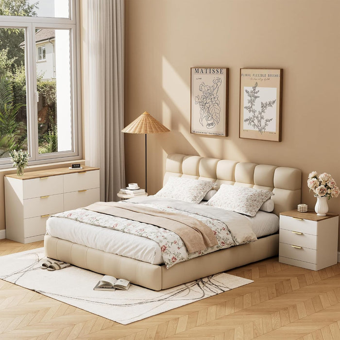 6 Drawer Dresser for Bedroom, 47.2" Wide Modern Chest of Drawers with 6 Large Storage Space with Curved Edge Design, Large Dresser W/Gold Metal Handles for Bedroom,White & Brown