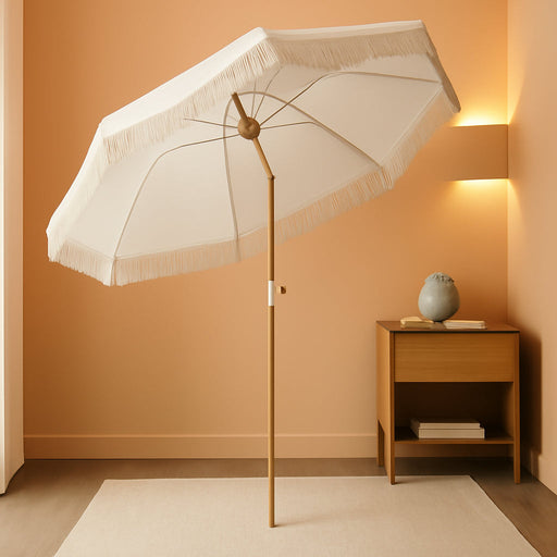 6.5FT Boho Patio Umberlla with Fringe,Upf50+ Outdoor Umbrella with Fiberglass Ribs and Push Button Tilt,Tassels Umbrella for Beach,Terrace,Picnic