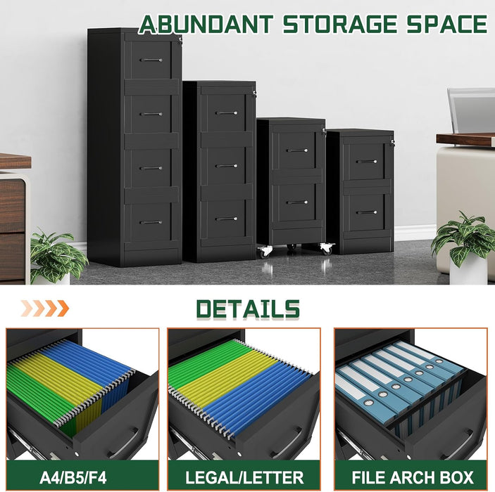 Metal 3 Drawer Vertical File Cabinet with Lock, Steel Lockable Filing Cabinet, Home Office Storage Cabinet Fits Letter A4 Legal Files, Anti-Tilt Full Extension Drawers for Document Organizer