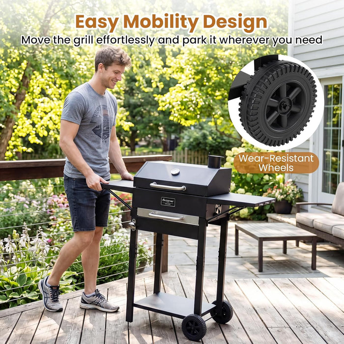 Charcoal Grill with 2 Side Tables, 284 Sq.In. Outdoor Smoker BBQ Grill with Thermometer, Bottle Opener & Wheels, Mobile Cooking Grill for Camping Picnic Party, Black