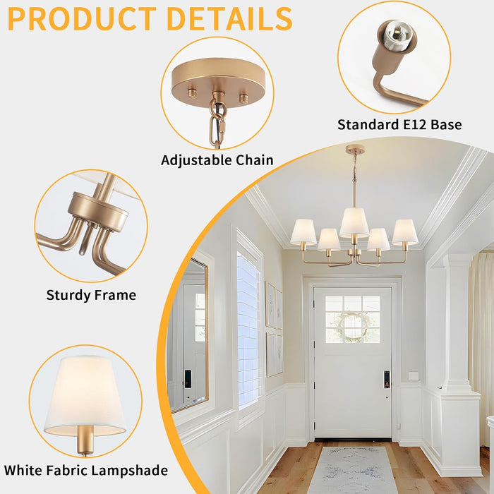 5-Light Brass Gold Dining Room Light Fixture with White Fabric Shade, 29.52In Farmhouse Chandelier Modern Antique Linear Pendant Island Light Fixture for Bedroom Foyer Cottage Kitchen over Table