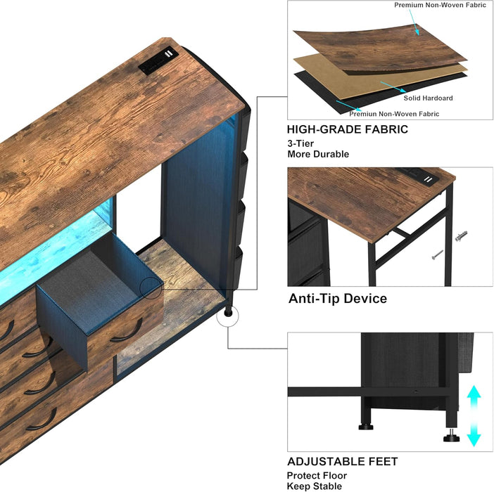 Dresser for Bedroom with Clothes Rack Side Pockets 5 Drawer Dresser with Charging Station LED Lights Black Storage Chest of Drawers for Hallway Closet Sturdy Steel Frame Wood Top (Brown)