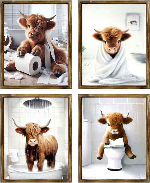 Highland Cow Funny Bathroom Decor Wall Art,Bathroom Highland Cow Art Prints,Rustic Farmhouse Bathroom Wall Decor,Funny Bathroom Signs Animal Canvas Wall Art,Unframed,8X10Inchx4Pcs