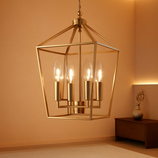 4-Light Gold Farmhouse Chandelier Iron Lantern Pendant Light