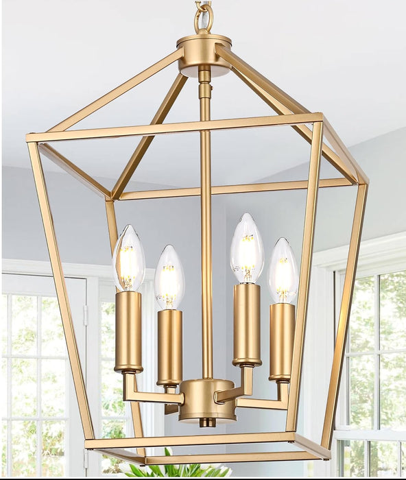 4-Light Gold Farmhouse Chandelier Iron Lantern Pendant Light