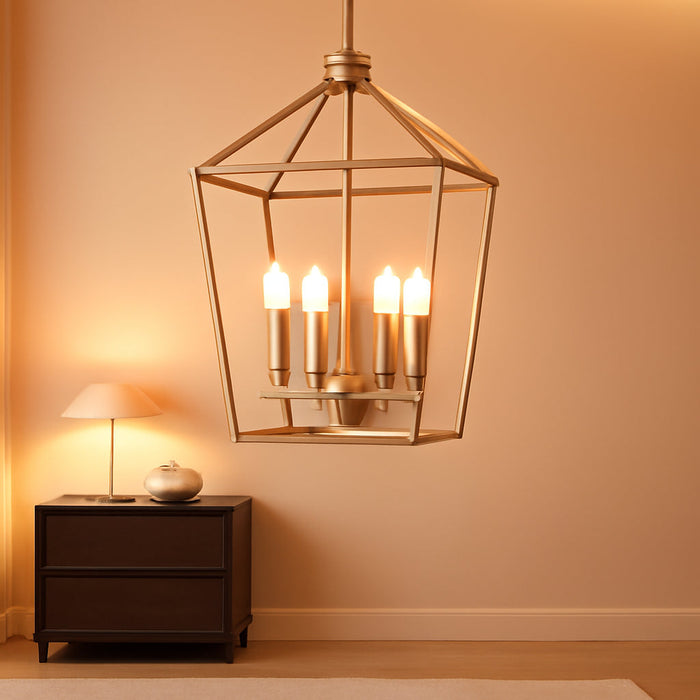 4-Light Gold Farmhouse Chandelier Iron Lantern Pendant Light