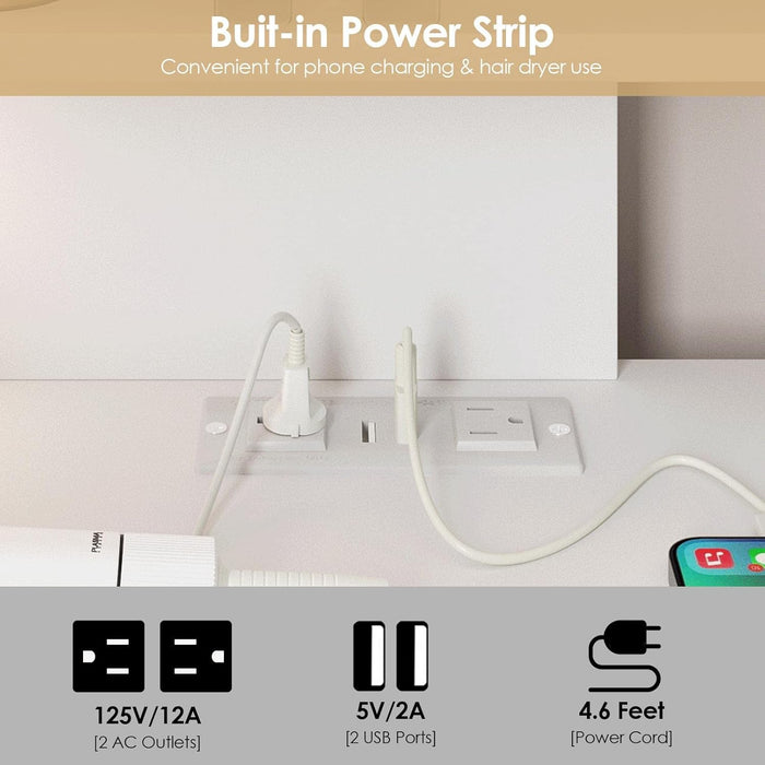 Corner Vanity Desk with Lighted Mirror & Power Strip,White Makeup Vanity Table with Lights,42 Inch Corner Vanity Mirror with Lights and 4 Drawer, 3 Lighting Modes, Brightness Adjustable