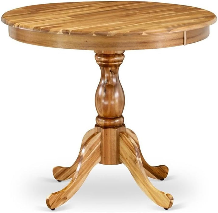 round Pedestal Dining Table, 36" W X 36" D X 30" H, Solid Acacia Wood, Natural Finish, Mid-Century Style, Durable Rubberwood Base, Ideal for Kitchen or Dining Room