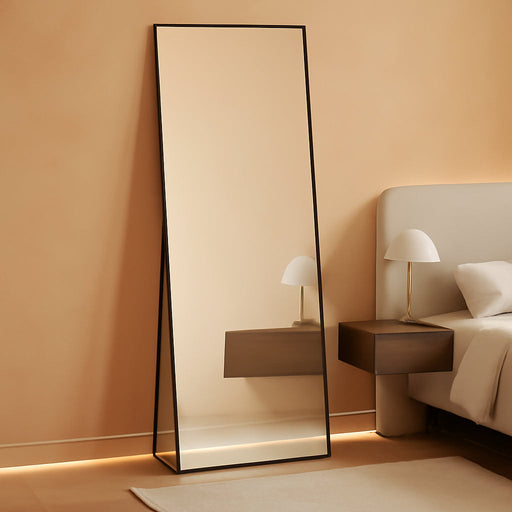 Wall Full Length Mirror,Standing Mirror Full Body,Large Floor for Wall Door Bedroom Bathroom Living Room with Aluminium Frame(With Stand,56X15-Black)
