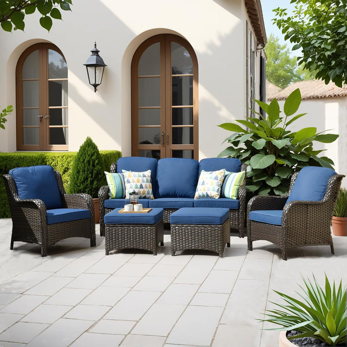 5-Pieces Patio Furniture Set, Outdoor Wicker Sofa Couch with Chairs Ottomans Comfy Cushions, All Weather Modern High Back Conversation Set, Brown Rattan, Navy Blue