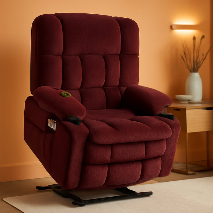 Large Dual Motor Power Lift Recliner Chair Sofa with Massage and Heat for Big Elderly People, Infinite Position, USB Ports, Fabric R7891 (Large-Wide, Burgundy)