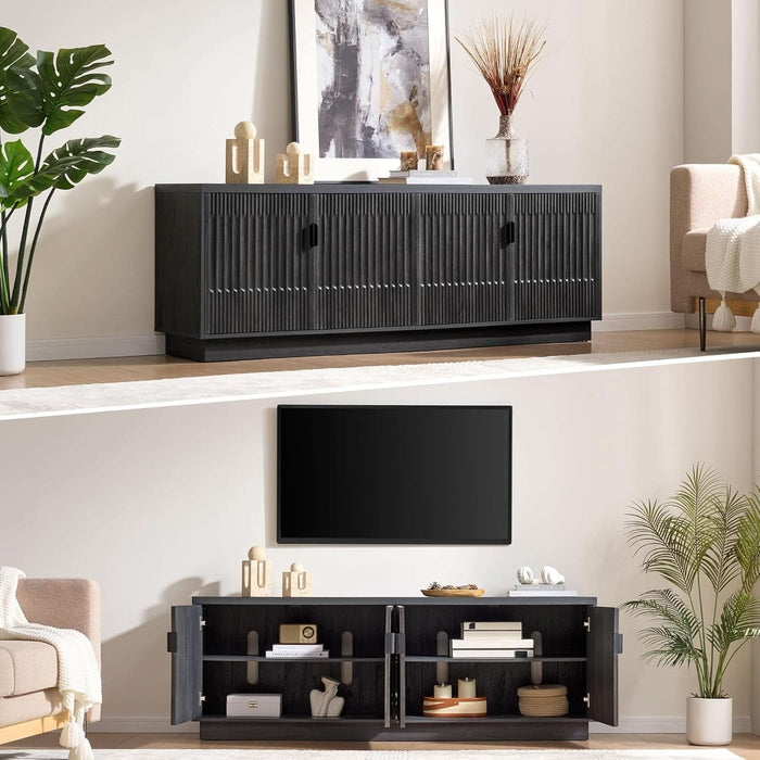 Farmhouse TV Stand for Television up to 75 Inches, 4 Fluted Doors Rustic Entertainment Center with Storage & Adjustable Shelves, Mid Century Modern Wood TV Consoles for Living Room Bedroom, Black