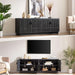 Farmhouse TV Stand for Television up to 75 Inches, 4 Fluted Doors Rustic Entertainment Center with Storage & Adjustable Shelves, Mid Century Modern Wood TV Consoles for Living Room Bedroom, Black