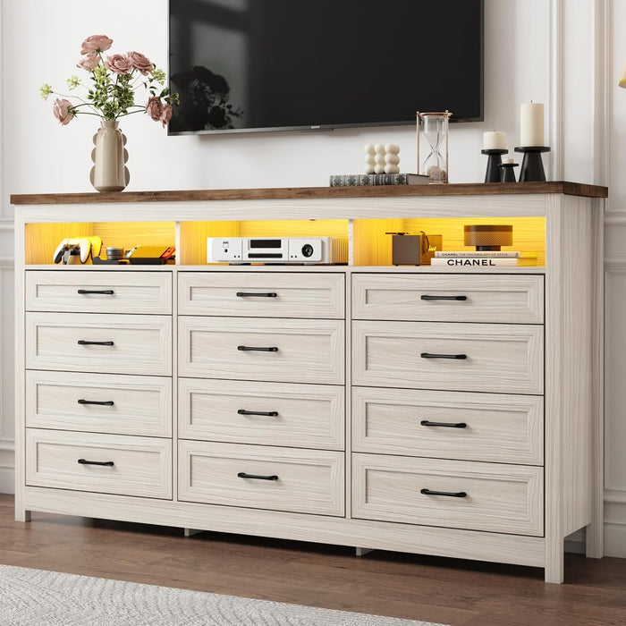 Farmhouse 12 Drawer Dresser with LED Lights, 71" Wide Large Chest of Drawers for Bedroom, Modern Wood Dresser Storage Organizer with Charging Station for Living Room, Bedroom, Hallway, Beige