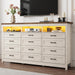 Farmhouse 12 Drawer Dresser with LED Lights, 71" Wide Large Chest of Drawers for Bedroom, Modern Wood Dresser Storage Organizer with Charging Station for Living Room, Bedroom, Hallway, Beige