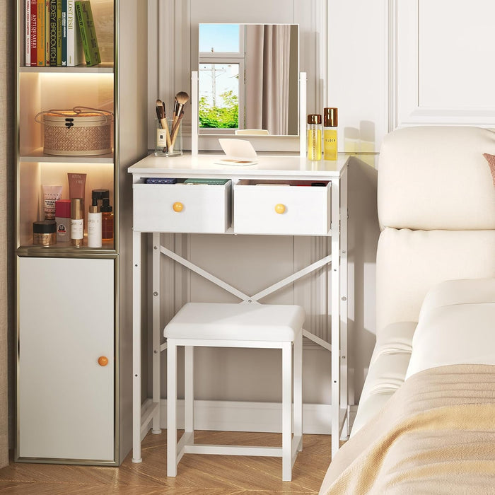 White Contemporary Vanity Desk Featuring Deluxe Mirror