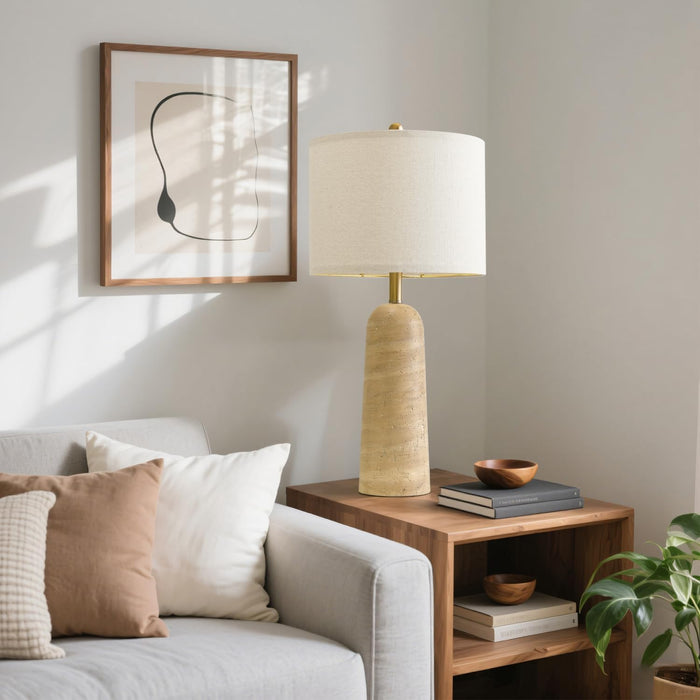 27.25" Modern Table Lamp Set of 2, Warm Beige Resin Lamp with Natural Stone Look, Lamps for Living Room with Linen Shades, Bedside Lamp for Bedroom, Living Room, Nightstand, Entryway