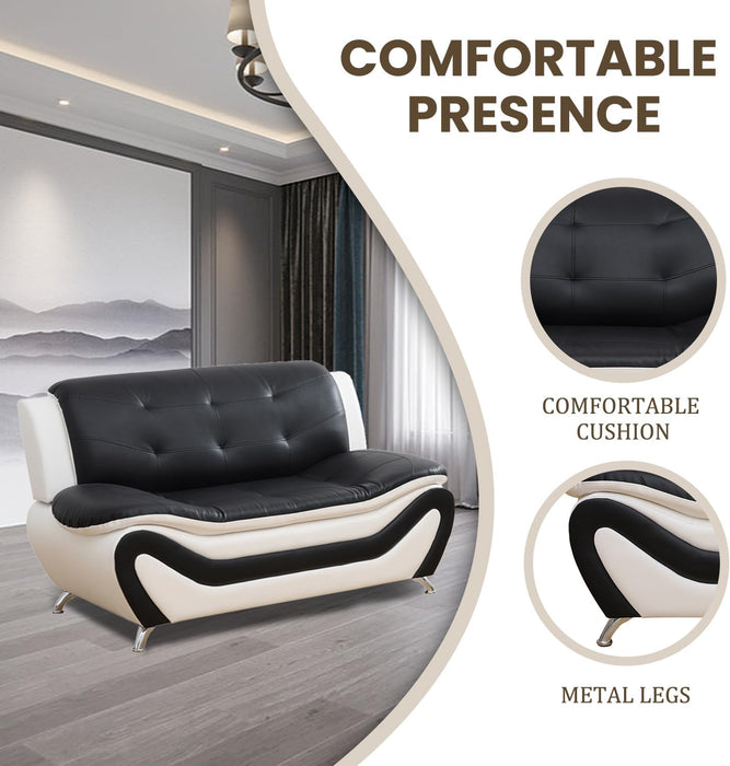 Faux Leather Sofa Couch Set, Living Room Sofa and Loveseat Set, Leather Couch and Loveseat Set for Living Room Office Home (2 Piece Leather Living Room Set, White&Black)