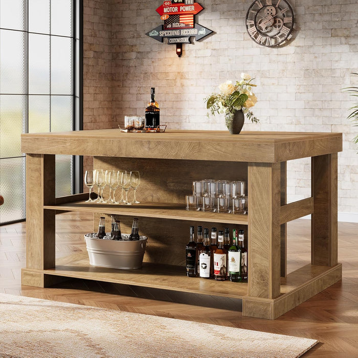 Bar Table, 55-Inch Counter Height Pub Table with Storage Shelves, High Top Kitchen Dining Table, Rectangle Wood Home Bar Unit for Dining Room, Bistro, Rustic Brown