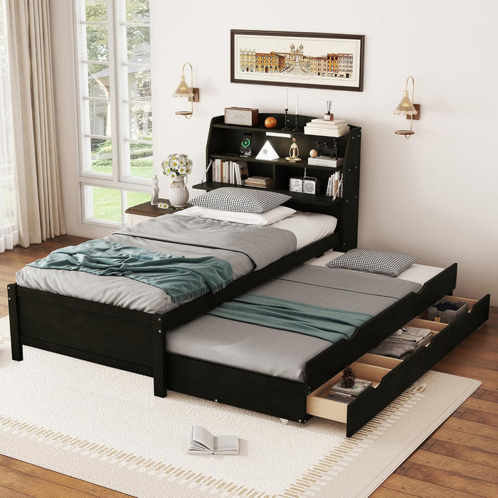 Twin Size Wooden Platform Bed with Trundle & LED Storage Headboard - 3 Drawers, Wood Twin Captain Bed with USB Outlets and Hidden Flip-Up Compartment for Kids Teens Boys Girls (Espresso)
