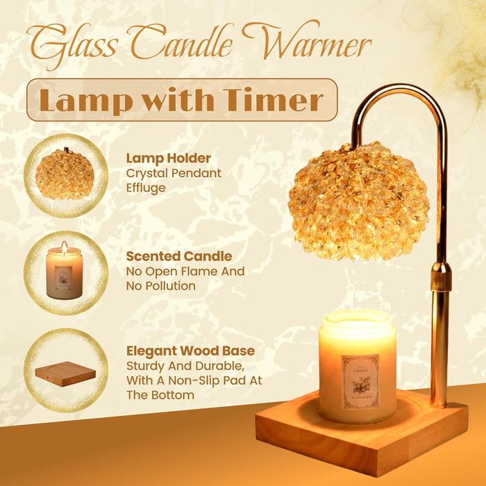 Glass Candle Warmer Lamp with Timer - Adjustable Height Candle Lamp Warmer with Crystal Shade, Timer (8H/4H/2H) - Wax Melter with Jar Candle - Ideal Gift, Fits Various Size Candles