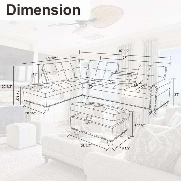 Sectional Couches for Living Room Furniture Sets,L-Shaped Couch W/Cup Holders,Faux Leather Nailhead Trim Sofas with Storage Ottoman and Chaise Lounge for Small Space Apartment-Gray