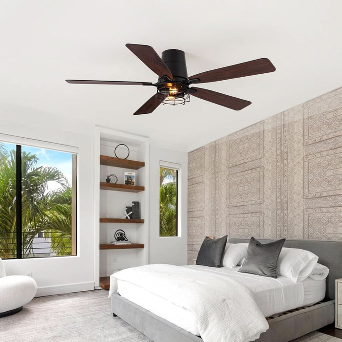 52 Inch Ceiling Fans with Lights, Farmhouse Ceiling Fan with Lights and Remote, Noiseless DC Motor, Black Flush Mount Ceiling Fan for Bedroom Living Room Indoor Outdoor